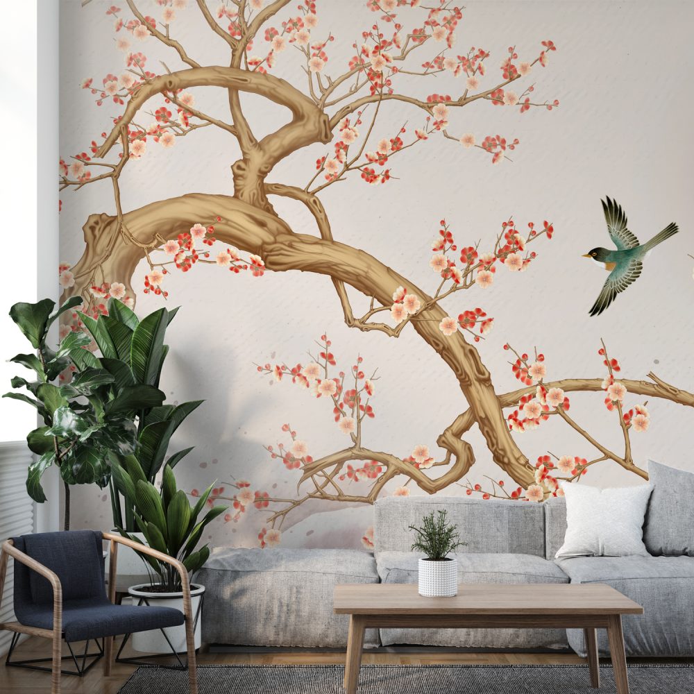 Sakura Ağacı ve Uçan Kuşlar Duvar Kağıdı