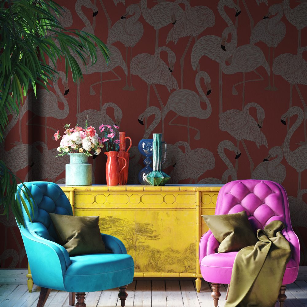 Pembe Arka Planlı Flamingo Duvar Kağıdı