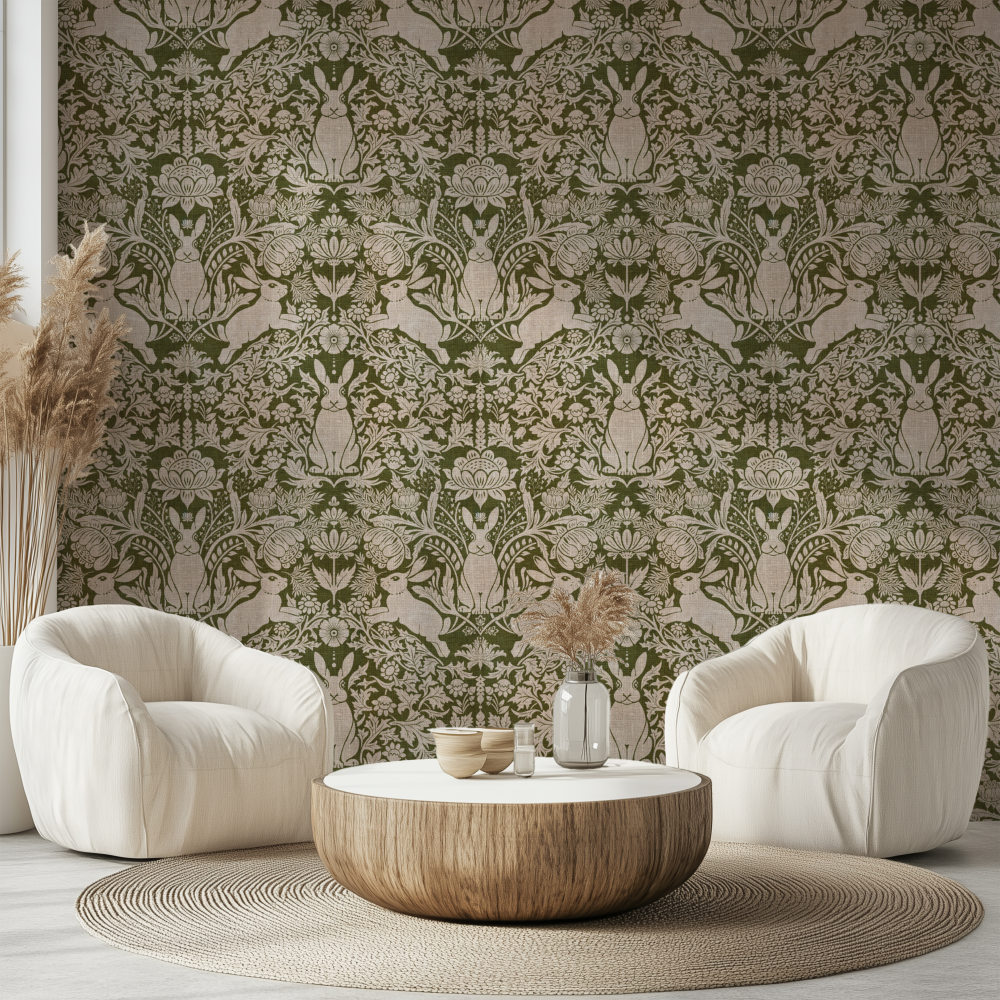 Modern Tavşanlı Dama Deseni Yeşil Duvar Kağıdı