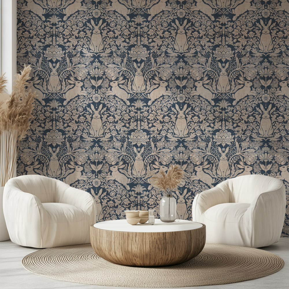 Modern Tavşanlı Dama Deseni Mavi Duvar Kağıdı