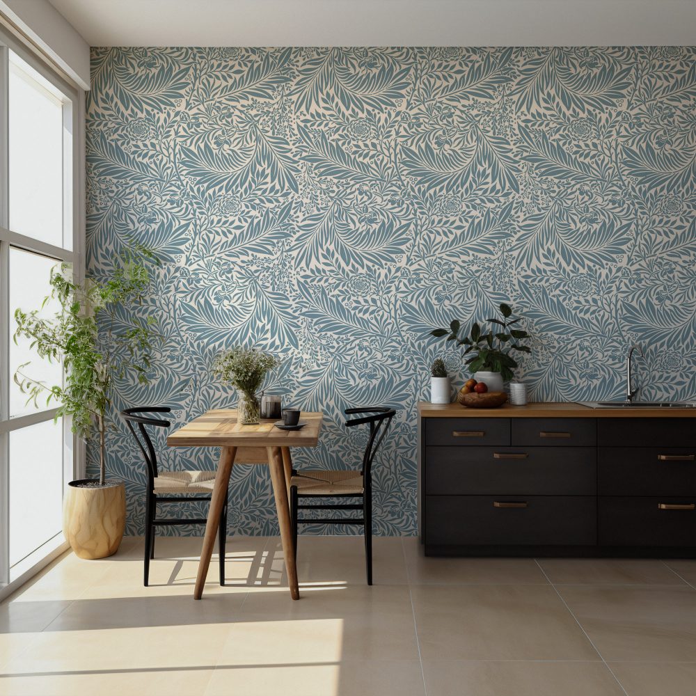 Pastel Mavi Yaprak Desenleri Duvar Kağıdı