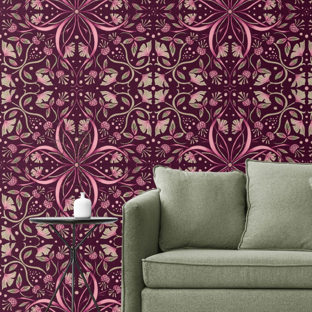 Çini Pembe Çiçek Desenli Bordo Duvar Kağıdı