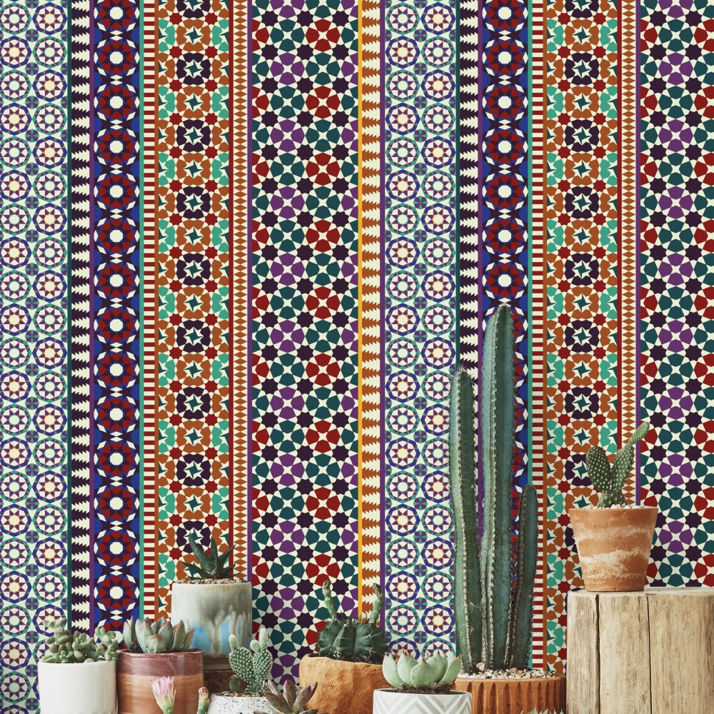 Alhambra Mozaikleri Kırmızı Mor Desenli Duvar Kağıdı