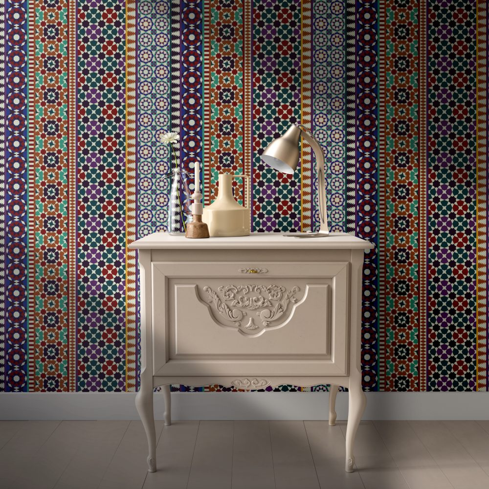 Alhambra Mozaikleri Kırmızı Mor Desenli Duvar Kağıdı
