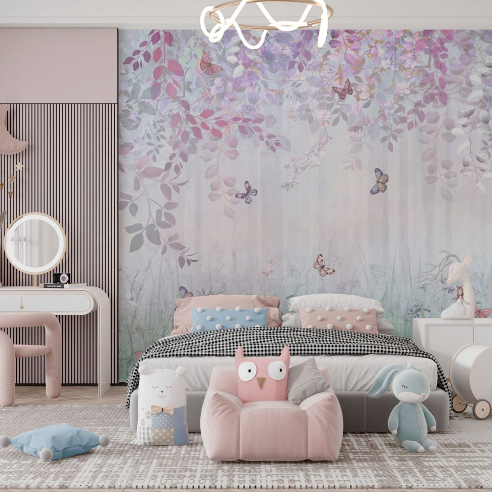 Soft Pembe Çiçeklerle Çevrili Kelebekli Duvar Kağıdı