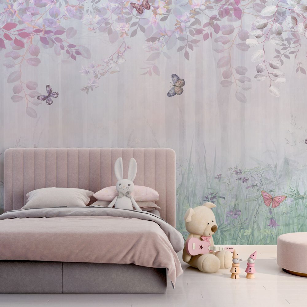 Soft Pembe Çiçeklerle Çevrili Kelebekli Duvar Kağıdı