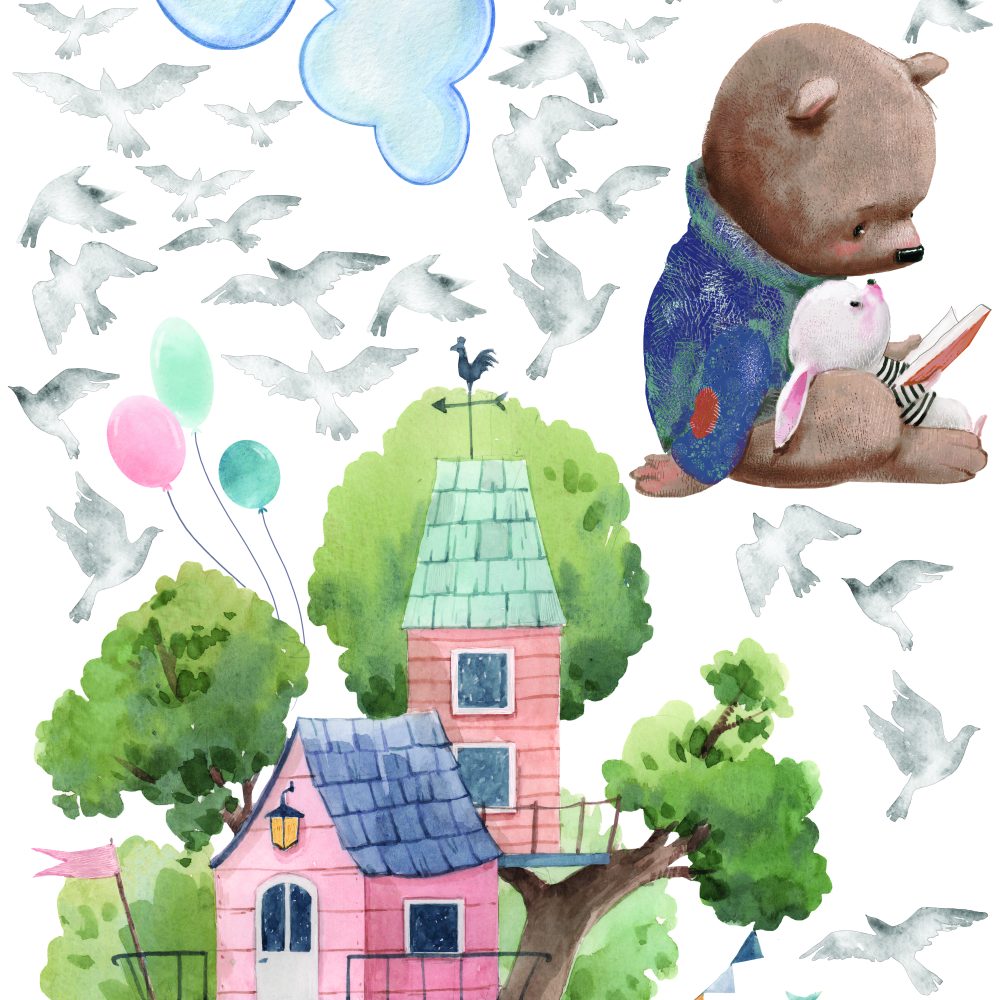 Ağaç Ev ve Kitap Okuyan Ayıcık Sticker 100x200h
