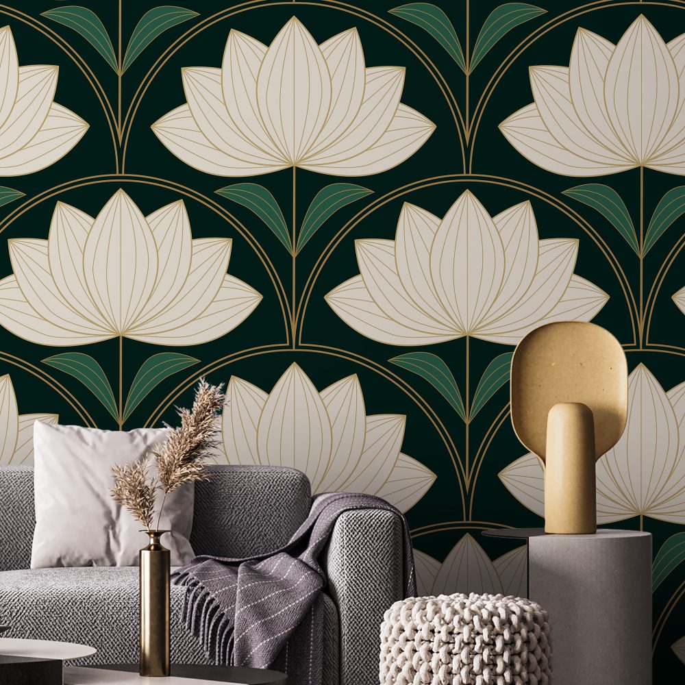 Yeşil Lotus Çiçekli Duvar Kağıdı