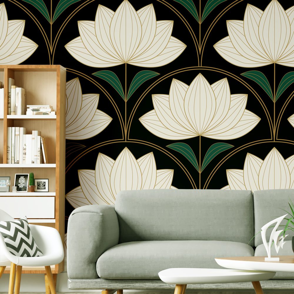 Yeşil Lotus Çiçekli Duvar Kağıdı