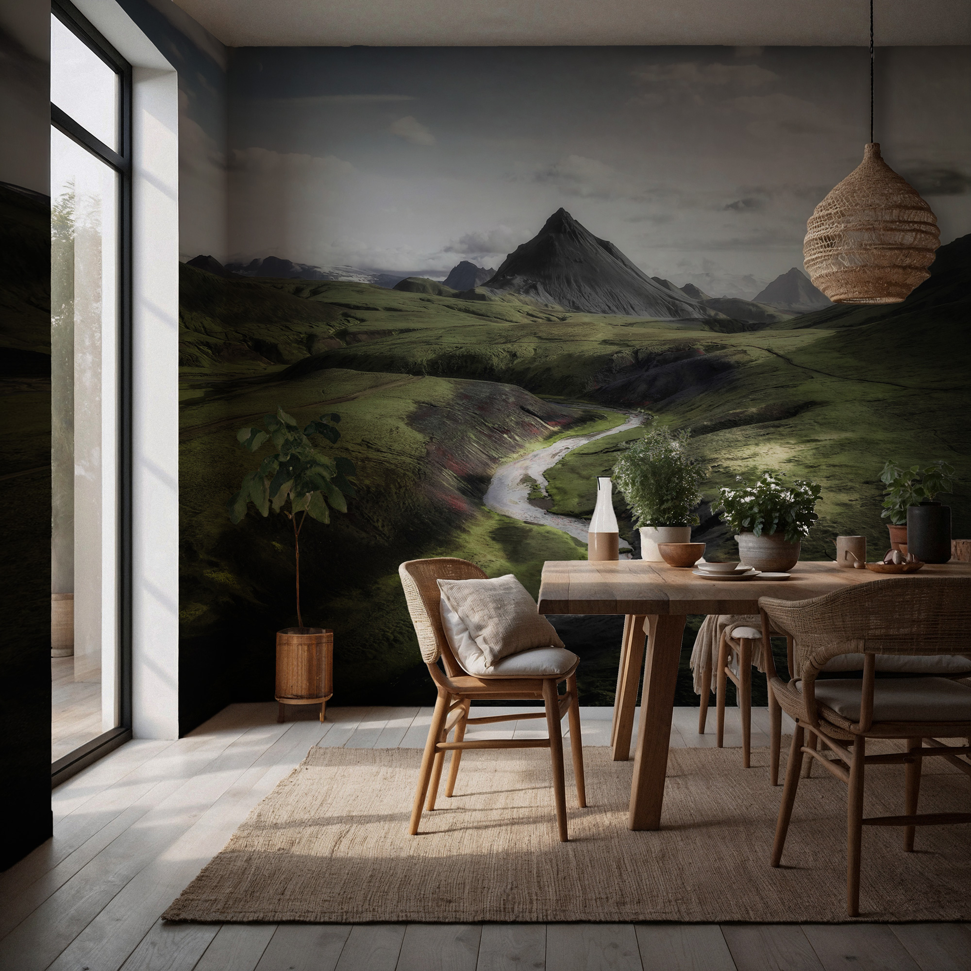 Yeşil Vadide Nehir ve Dağ Manzarası Duvar Kağıdı Yeşil Vadide Nehir ve Dağ Manzarası Duvar Kağıdı