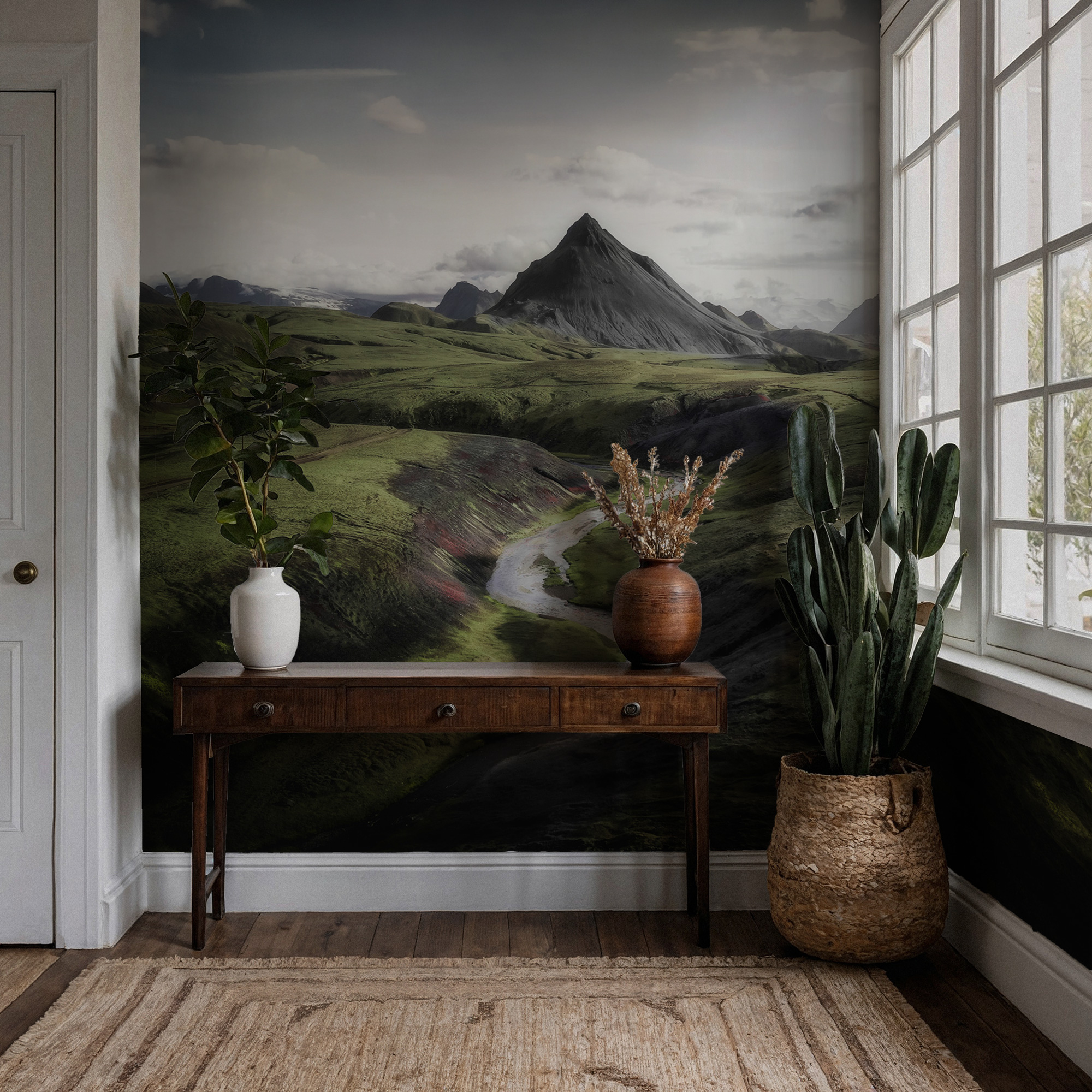 Yeşil Vadide Nehir ve Dağ Manzarası Duvar Kağıdı Yeşil Vadide Nehir ve Dağ Manzarası Duvar Kağıdı