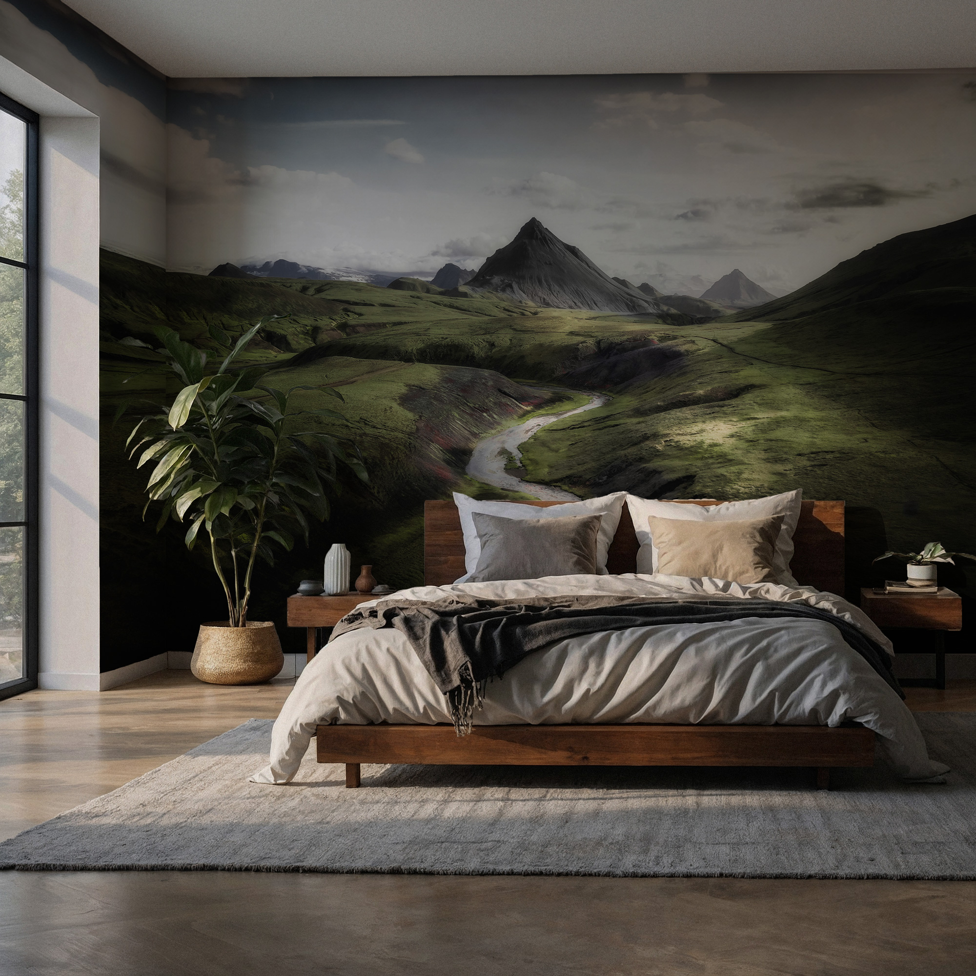 IN01026-3 Yeşil Vadide Nehir ve Dağ Manzarası Duvar Kağıdı