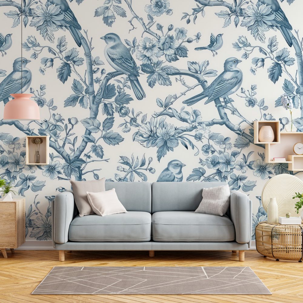Toile Desen Mavi Kuşlar Çiçekler Duvar Kağıdı