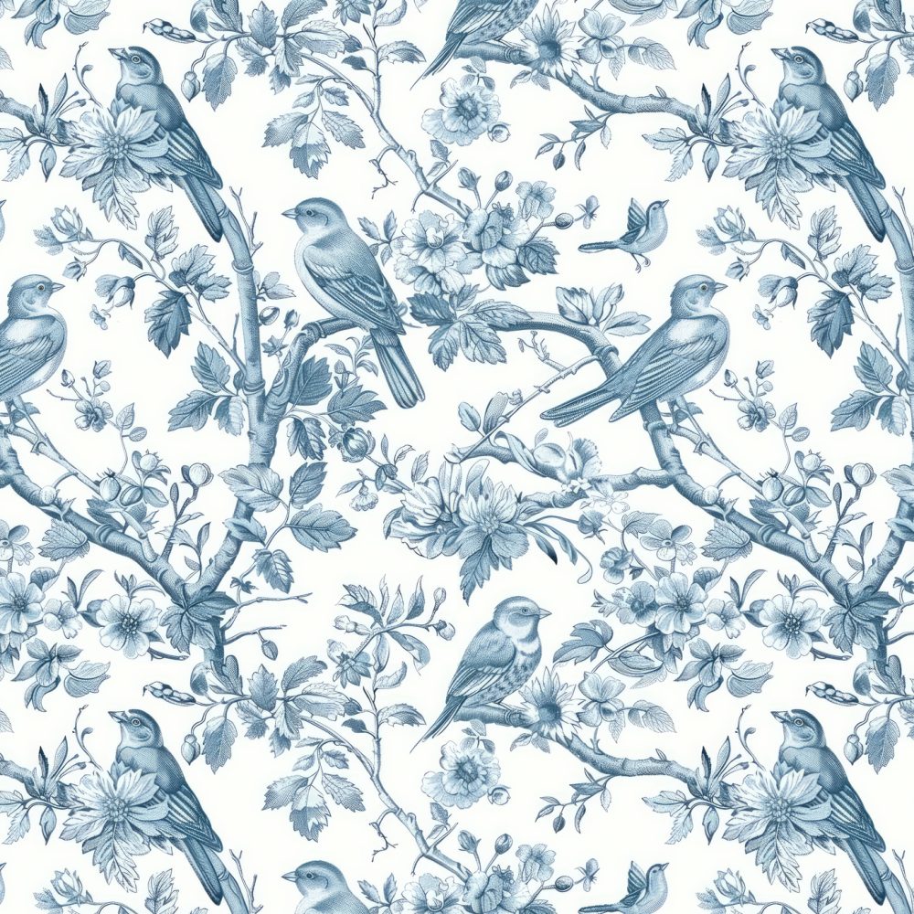 Toile Desen Mavi Kuşlar Çiçekler Duvar Kağıdı