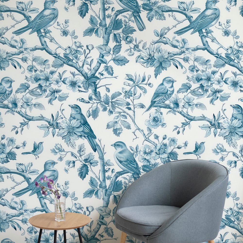 Toile Desen Mavi Kuşlar Çiçekler Duvar Kağıdı