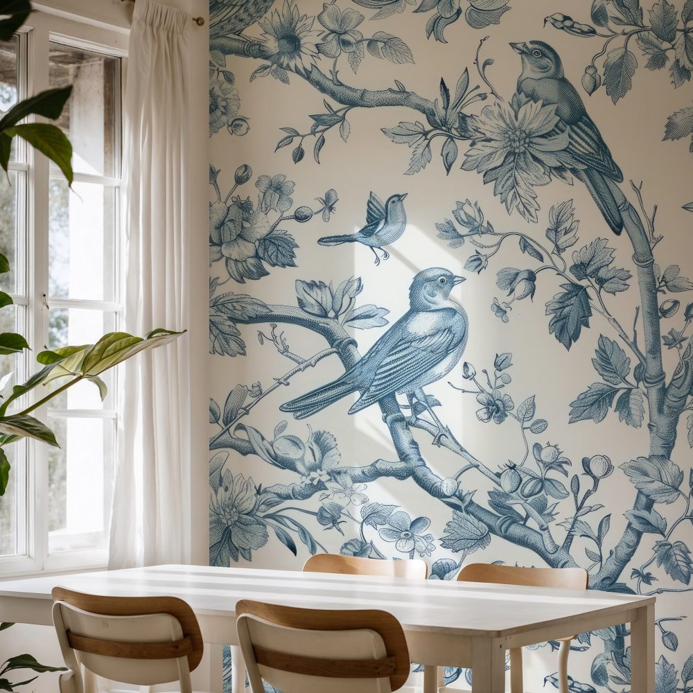 Toile Desen Mavi Kuşlar Çiçekler Duvar Kağıdı