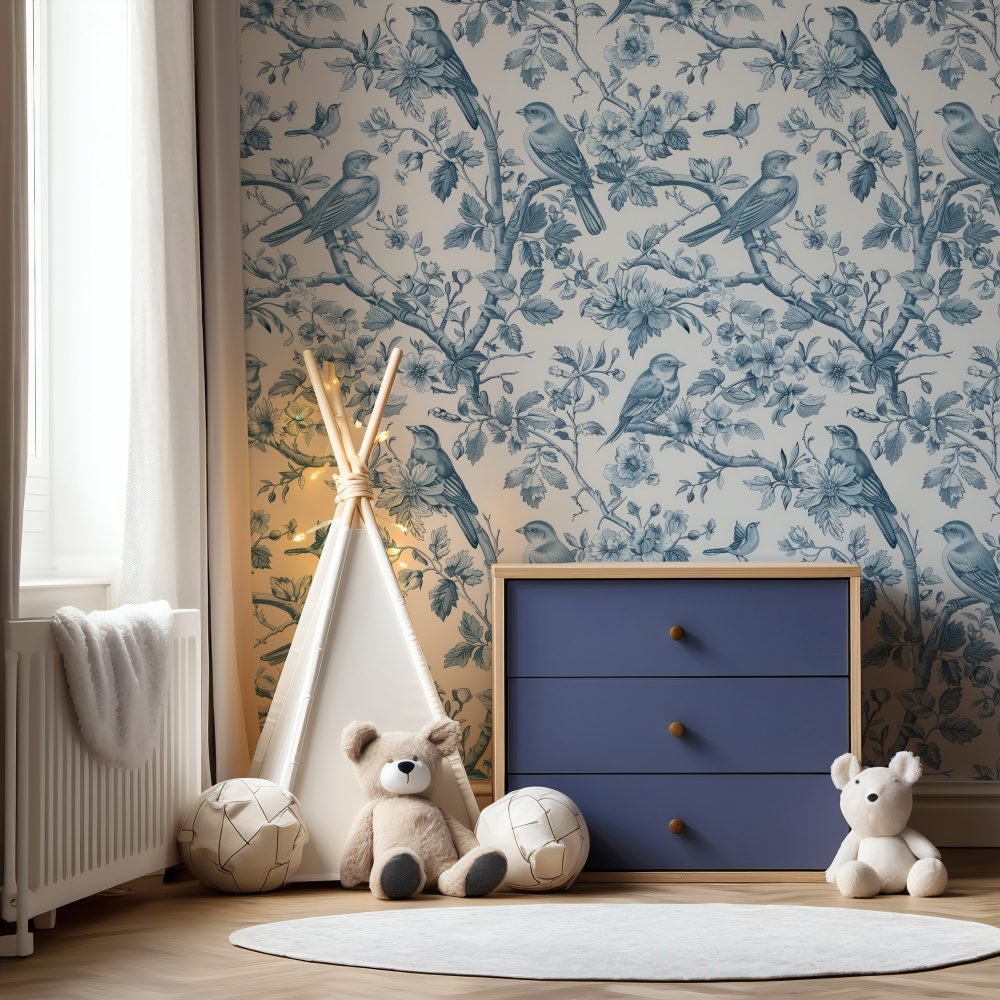 Toile Desen Mavi Kuşlar Çiçekler Duvar Kağıdı