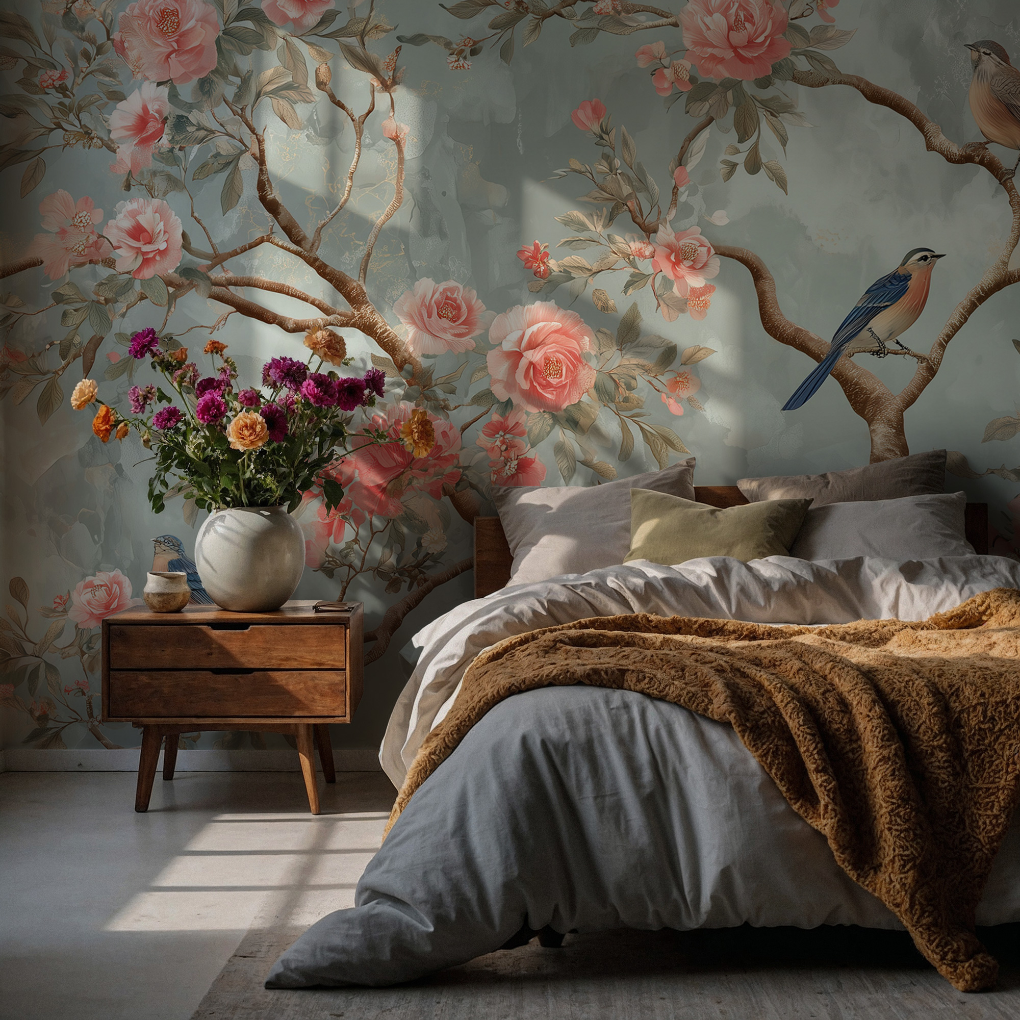 Pembe Bahar Bahçesi Kuşlar Duvar Kağıdı Pembe Bahar Bahçesi Kuşlar Duvar Kağıdı