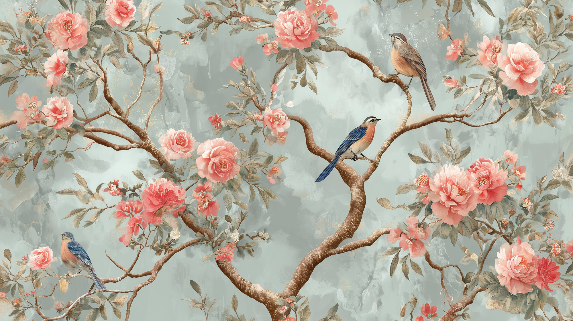 Pembe Bahar Bahçesi Kuşlar Duvar Kağıdı Pembe Bahar Bahçesi Kuşlar Duvar Kağıdı