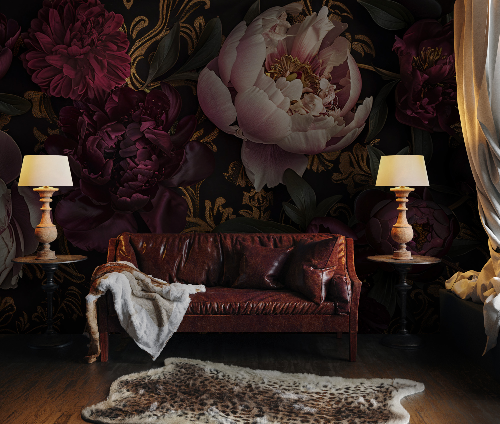 Gold Lüks Koyu Zemin Şakayık Çiçekli Duvar Kağıdı Gold Lüks Koyu Zemin Şakayık Çiçekli Duvar Kağıdı