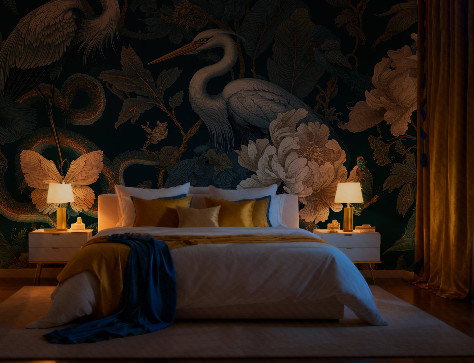 Altın Detaylı Tropikal Kuş ve Çiçek Duvar Kağıdı Altın Detaylı Tropikal Kuş ve Çiçek Duvar Kağıdı