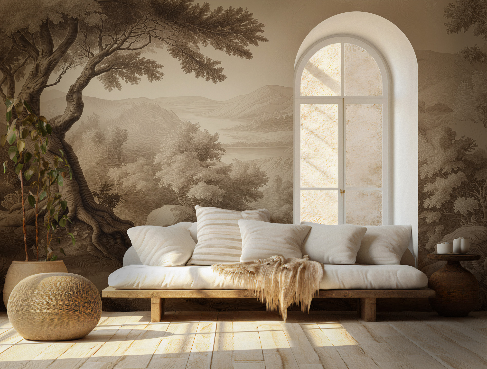 YZ1063-Y-4 Kahve Tonlarda Vintage Orman Manzarası Duvar Kağıdı