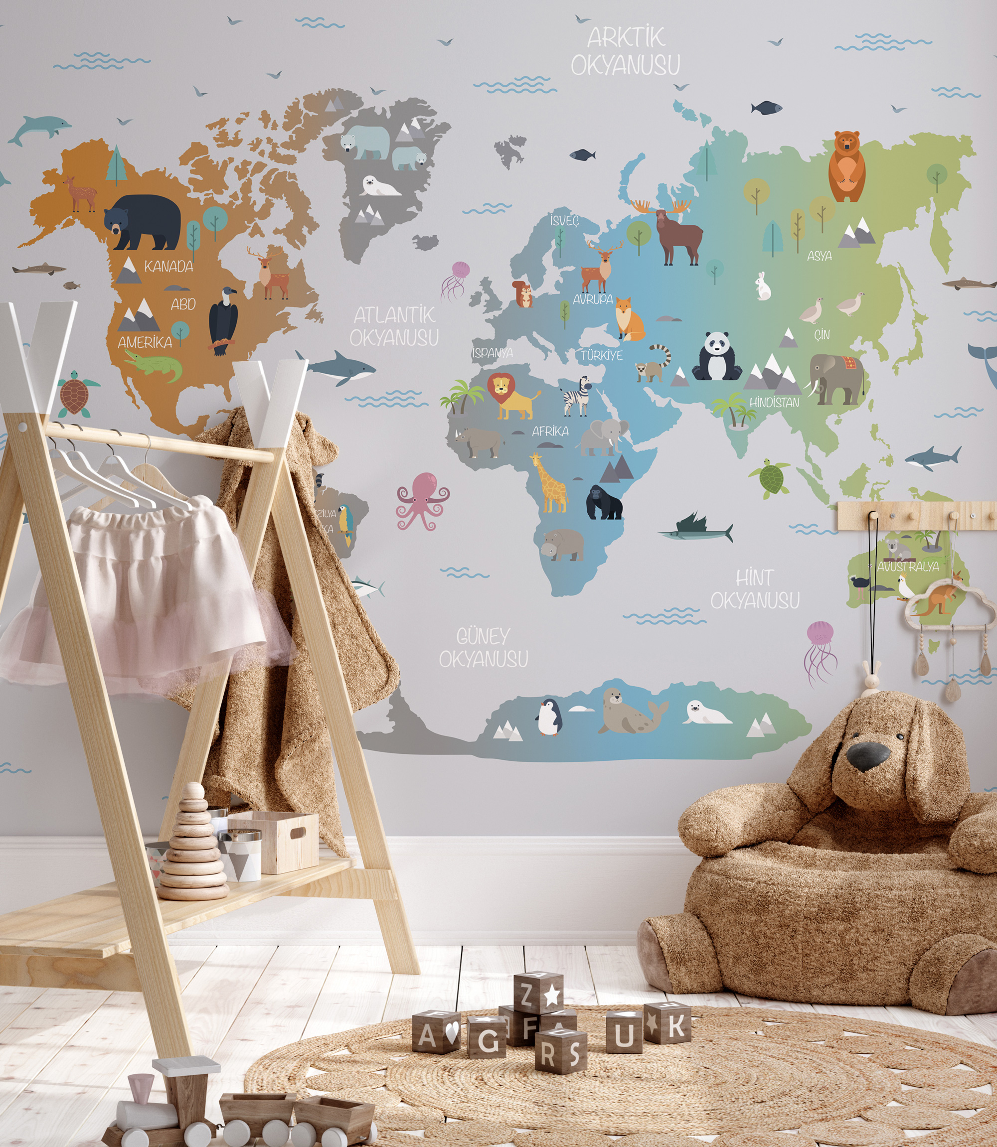 Hayvan Figürlü Eğitici Dünya Haritası Duvar Kağıdı Hayvan Figürlü Eğitici Dünya Haritası Duvar Kağıdı