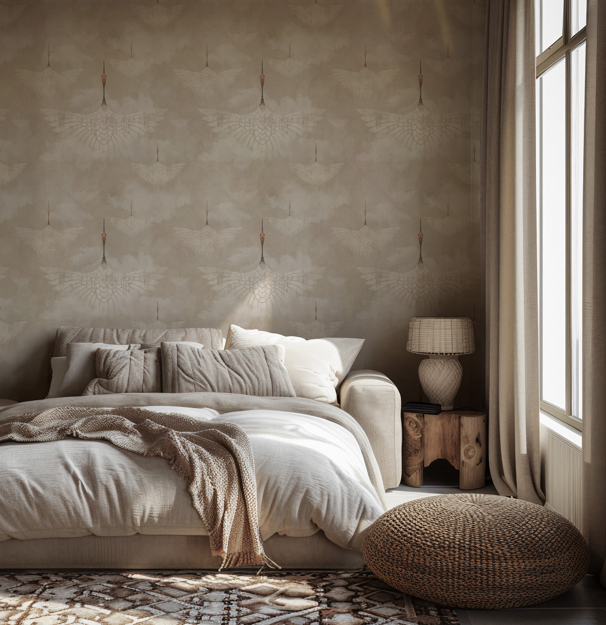 Turna Kuşu Desenli Bej Duvar Kağıdı Turna Kuşu Desenli Bej Duvar Kağıdı