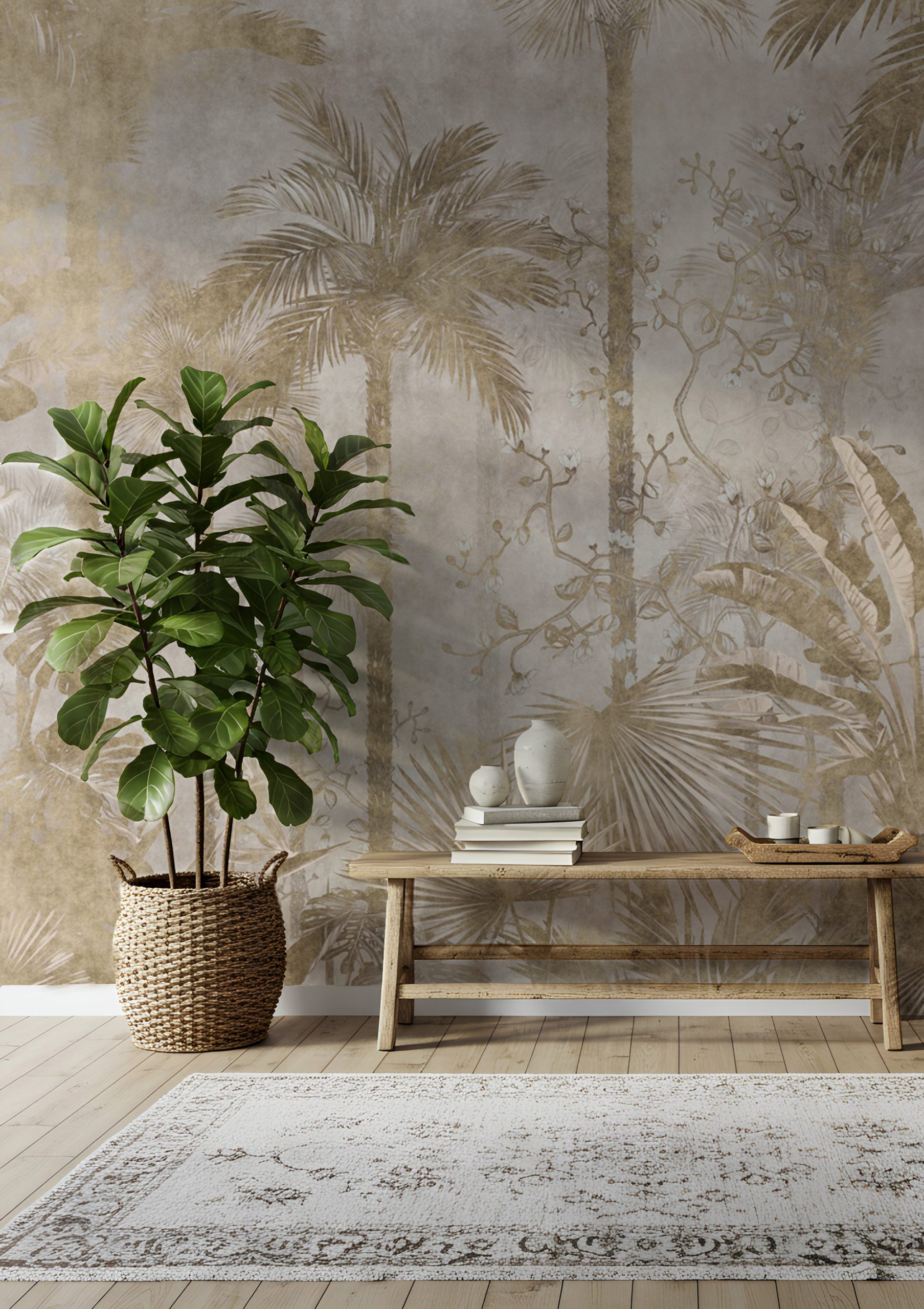 Modern Altın Tonlarda Tropikal Orman Duvar Kağıdı Modern Altın Tonlarda Tropikal Orman Duvar Kağıdı