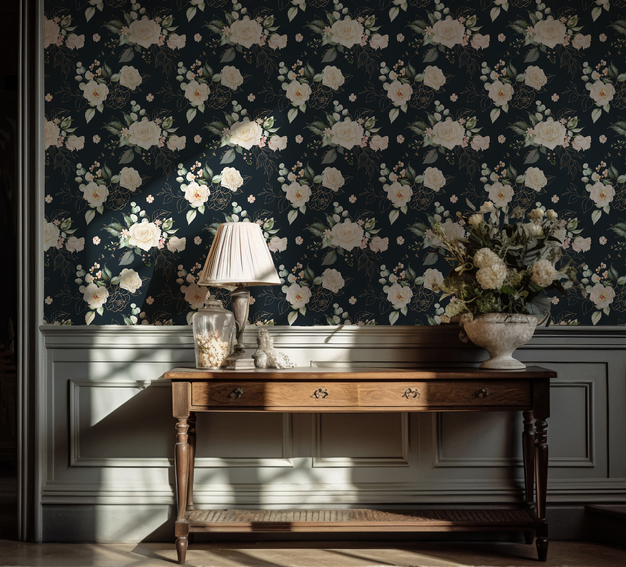 Altın Detaylı Beyaz Gül Desenli Duvar Kağıdı Altın Detaylı Beyaz Gül Desenli Duvar Kağıdı