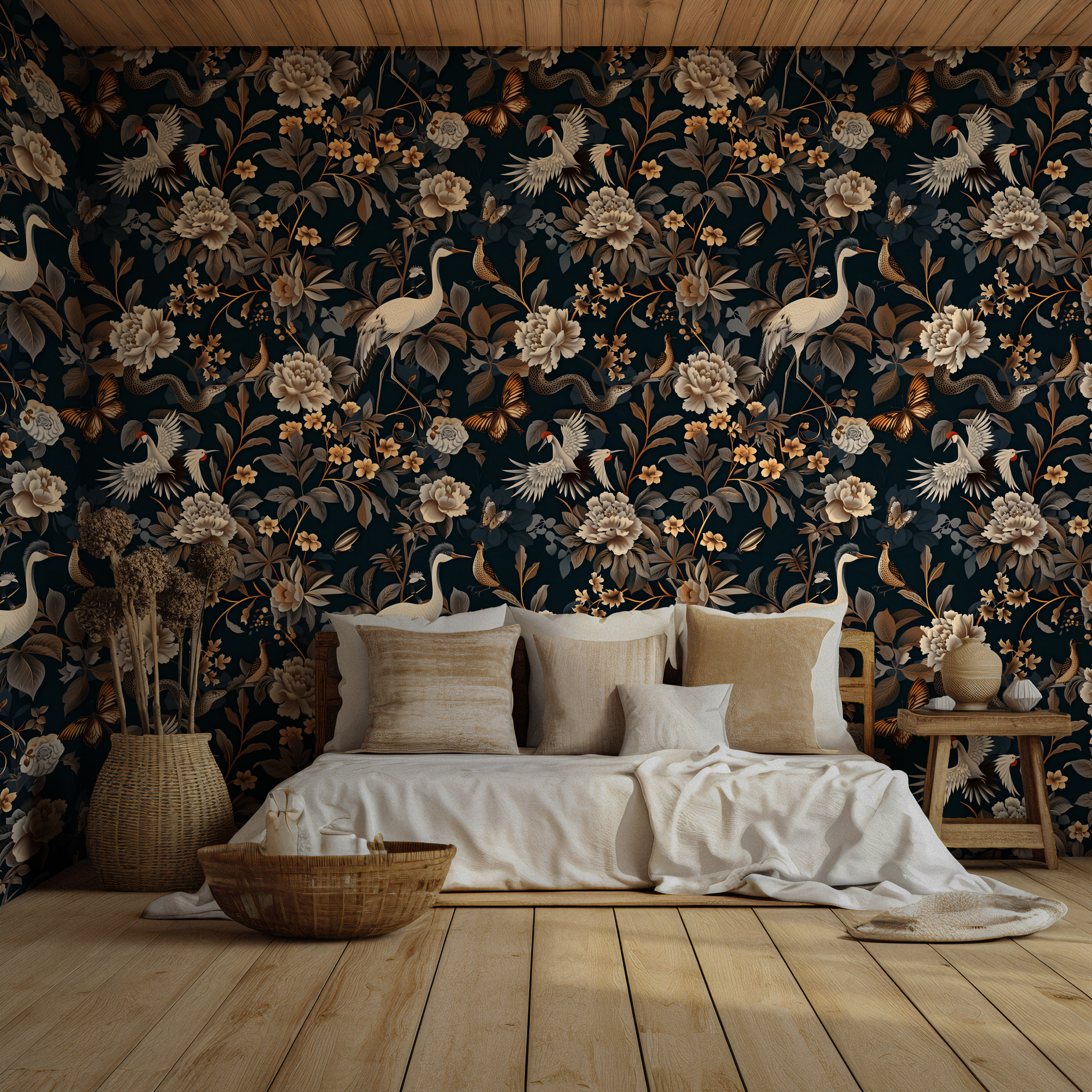 Yılan Detaylı Kuş ve Çiçek Duvar Kağıdı Yılan Detaylı Kuş ve Çiçek Duvar Kağıdı