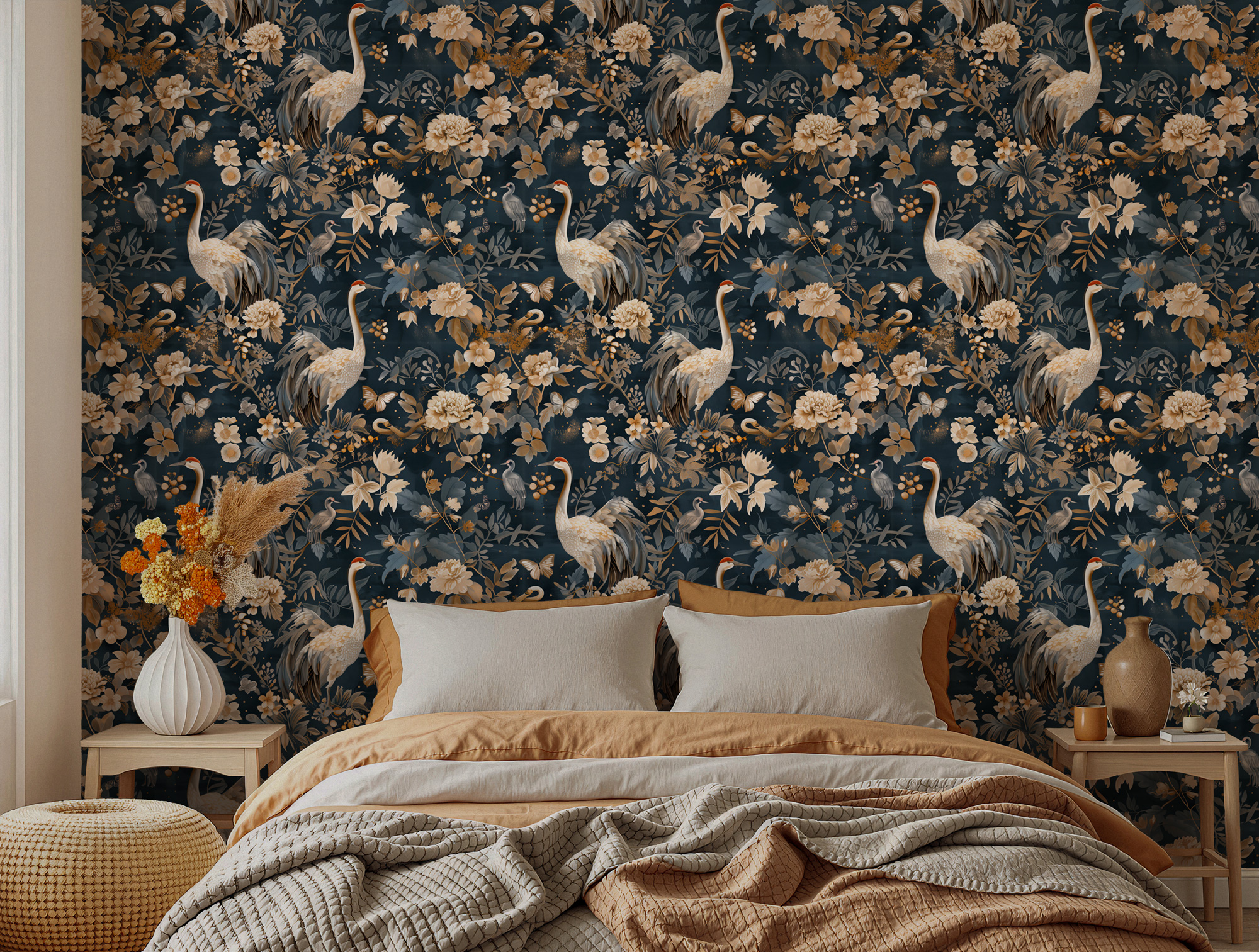 Zarif Turna Kuşu ve Çiçek Motifli Duvar Kağıdı Zarif Turna Kuşu ve Çiçek Motifli Duvar Kağıdı