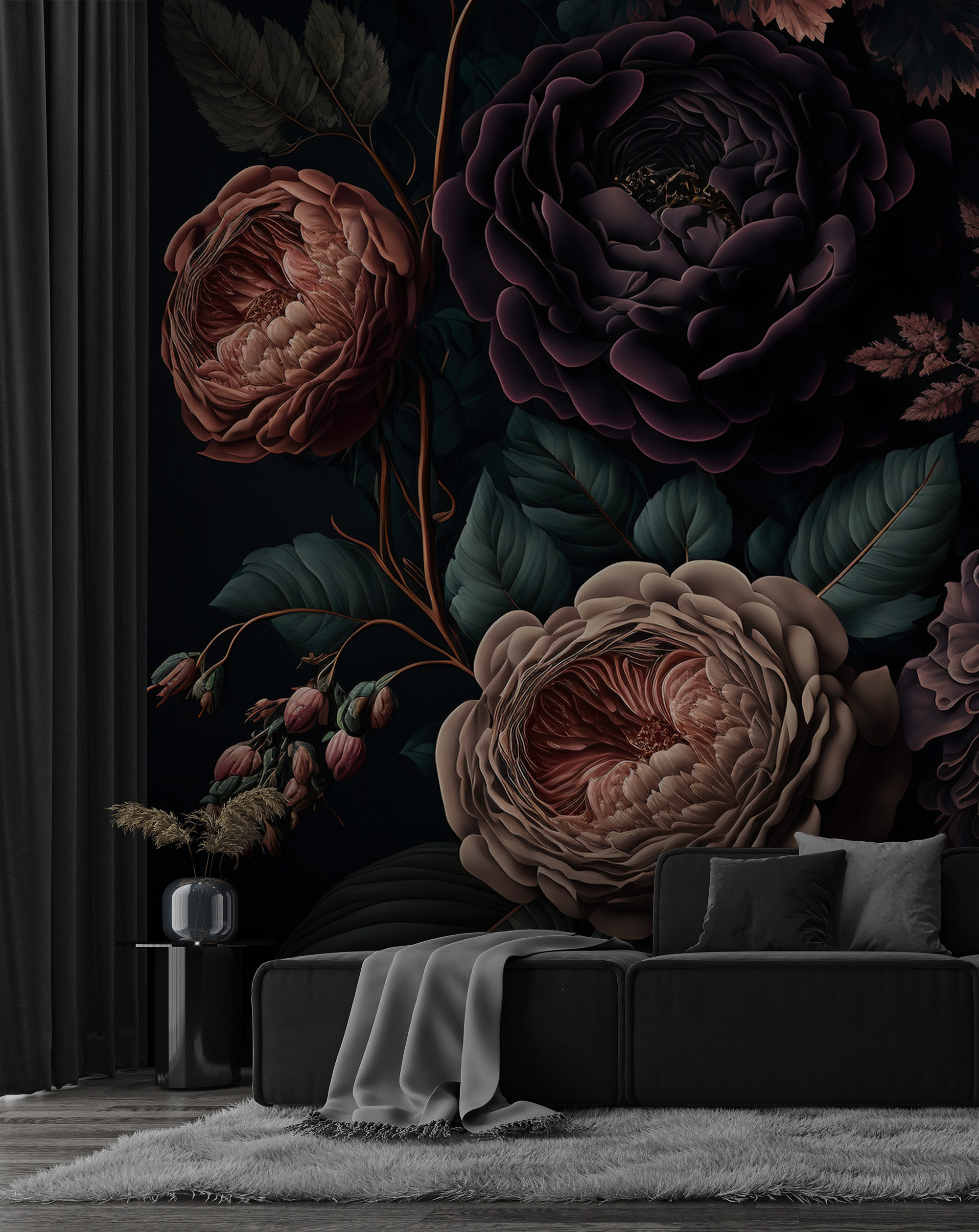 Siyah Zemin Dramatik Çiçek Deseni Duvar Kağıdı Siyah Zemin Dramatik Çiçek Deseni Duvar Kağıdı