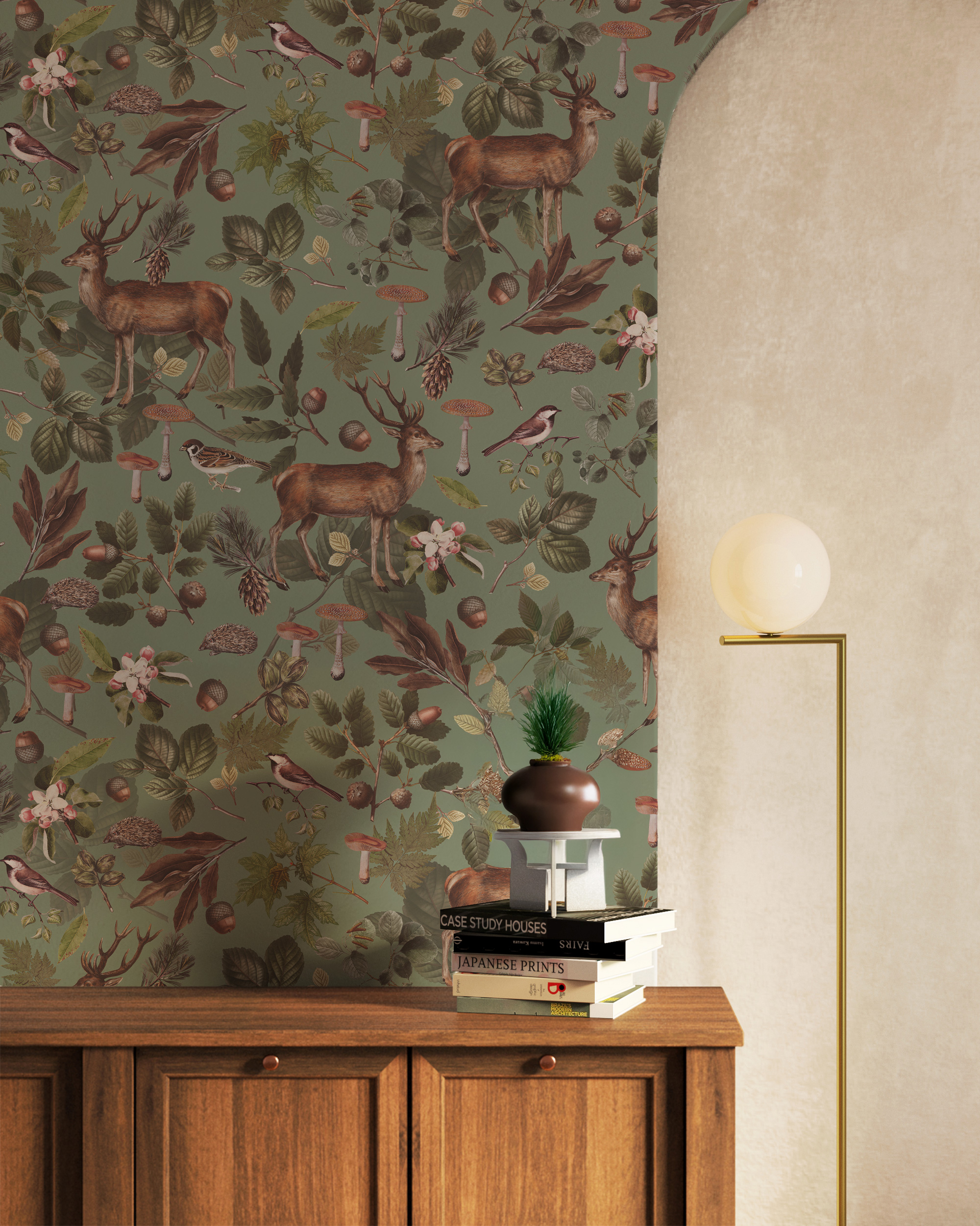 Geyikli ve Kuşlu Vintage Desen Duvar Kağıdı Geyikli ve Kuşlu Vintage Desen Duvar Kağıdı