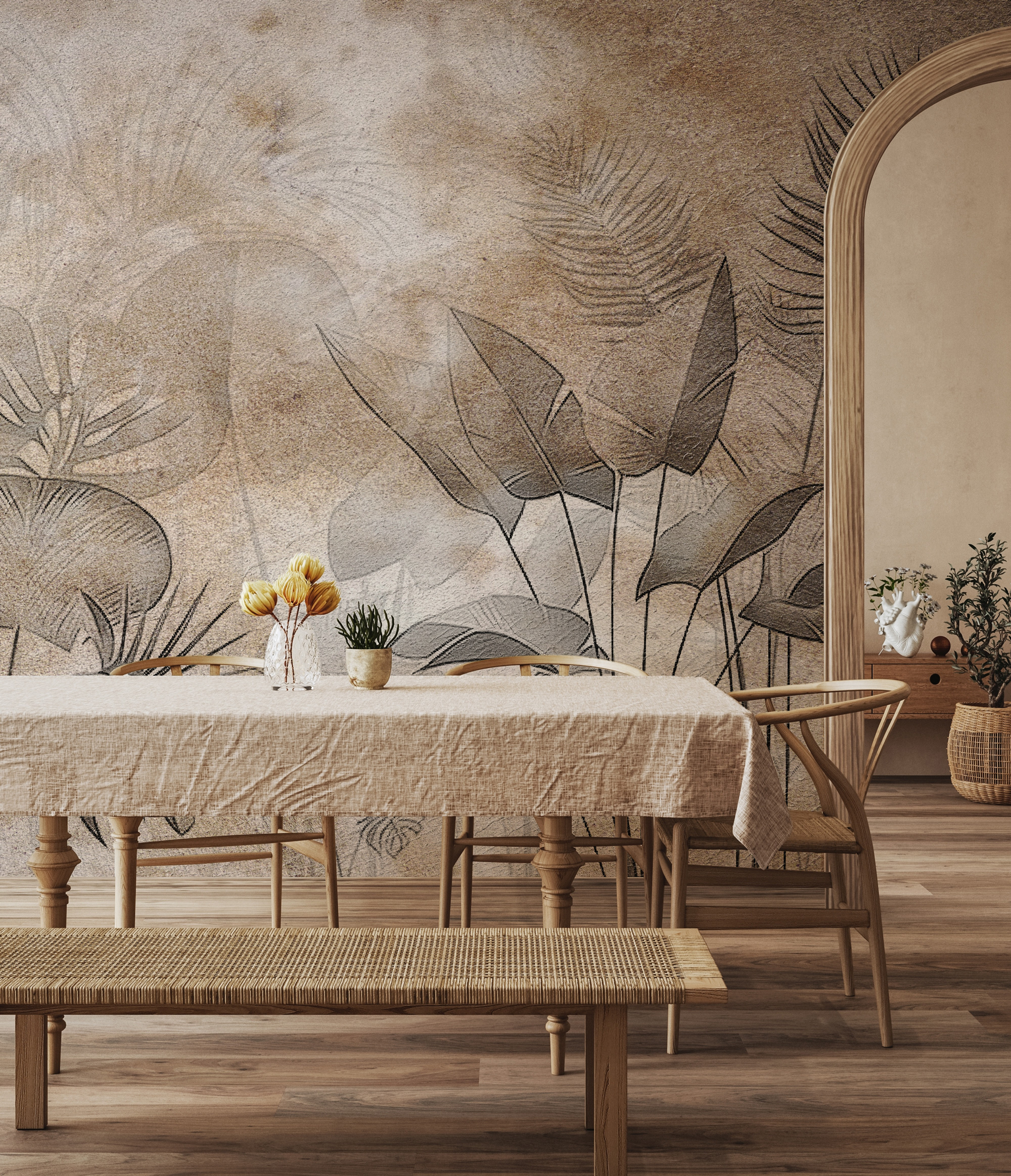 Bej Tropikal Yaprak Desenli Duvar Duvar Kağıdı Bej Tropikal Yaprak Desenli Duvar Duvar Kağıdı